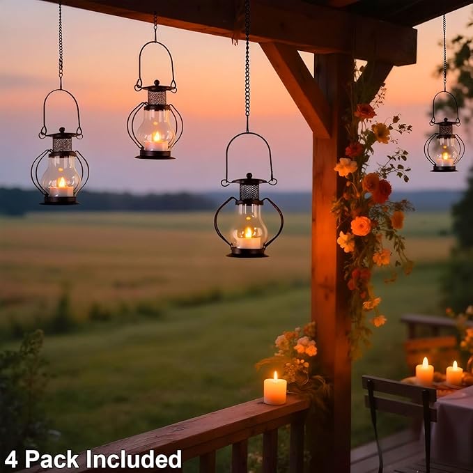 Solar Hanging Lanterns Outdoor Waterproof, Vintage Mini Metal Lantern with Flickering Solar Powered Tea Lights, Perfect Chargeable Solar Lights for Backyard Patio Garden Fence Tree Decoration-4Pack