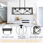 TODOLUZ 30.35” Dining Room Lighting Fixtures Hanging Black Finish 4-Lights Open Frame Farmhouse Chandelier Pendant Light for Kitchen Island Pool Table with Clear Glass