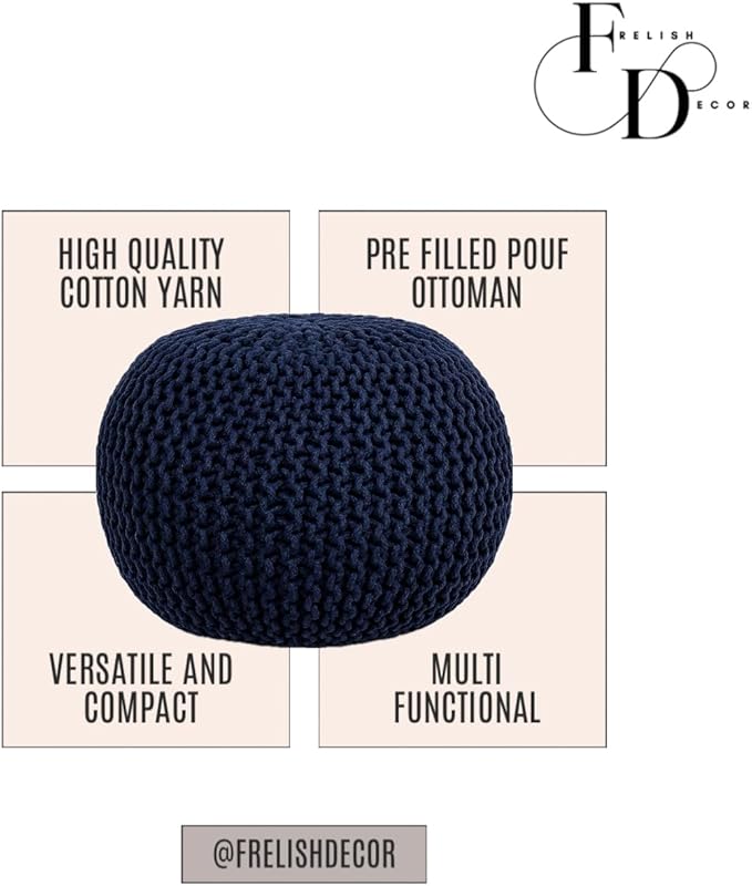 FRELISH DECOR Round Pouf Ottoman Hand Knitted 100% Cotton Pouf Foot Stool - Knitted Bean Bag - Floor Chair for Living Room Bedroom - Foot Rest for Couch (20 Diameter x 14 Height) - Navy