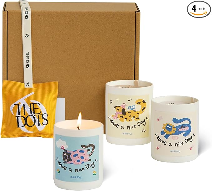 KRD Series Cute Scented Candles & Hanging Freshener Gift Set, 3 Ceramic Jar Candles with Pet Stickers, 1 Ribbon Sachet, 4 Scents for Home & Car