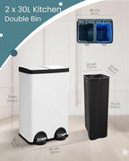 60L Dual Compartment Stainless Steel Trash Can, 16 Gallon White Kitchen Garbage Bin with Silent Sealed Lids, Pedal & Recyclable Waste Bins for Home/Office