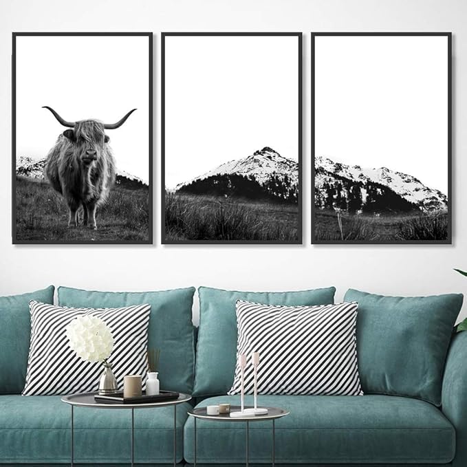 SIGNWIN 3 Piece Framed Canvas Wall Art Highland Cattle in Front of Snowy Mountain Duotone Black and White Canvas Prints Home Artwork Decoration for Living Room,Bedroom - 16"x24"x3 Panels