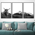 SIGNWIN 3 Piece Framed Canvas Wall Art Highland Cattle in Front of Snowy Mountain Duotone Black and White Canvas Prints Home Artwork Decoration for Living Room,Bedroom - 16"x24"x3 Panels