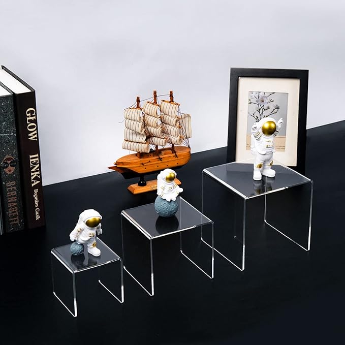 HIIMIEI Clear Acrylic Display Risers 2 Sets, 3-Tier Risers Stands Showcase for Amiibo Funko Pop Figures, Dessert, Jewelry-3"x4"x5"