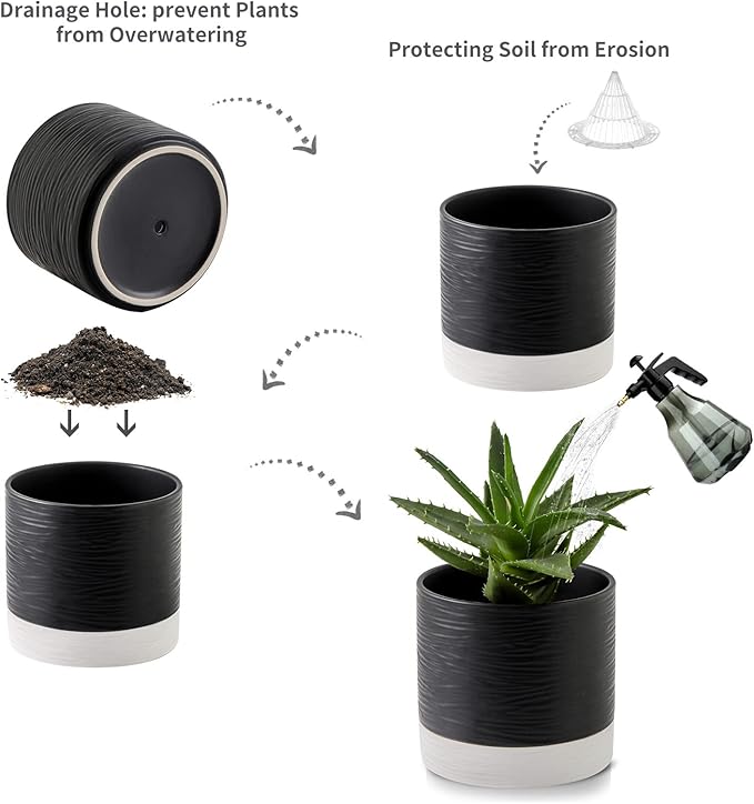 Nihow Ceramic Plant Pot: 6 Inch Planter with Drainage Hole & Saucer for Indoor & Outdoor Plants - Cylinder Round Flower Pot for Succulent/Herbs/Violets - Black & White