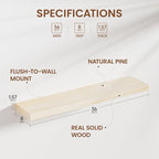 Heimlove 36 inch Floating Shelves for Wall,2 Packs Natural Pine Solid Wood Bathroom Shelf Over Toilet Decor and Storage 8 inches Deep for Kitchen Bedroom Office & Living Room Display Wall Decor