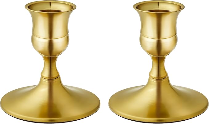 Vintage Brass Gold Taper Candle Holders, Set of 2, Metal Taper Candlestick Holder for Dinner Room Table Centerpiece, Wedding Reception, Festive,Mantel Decoration, Home Decor (Brass Gold, Set of 2)