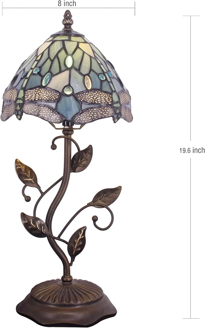 Small Tiffany Lamp Stained Glass Table Lamp Metal Leaf Accent Desk Memory Lamp Sympathy 8X20 Inch (Sea Blue Dragonfly Style)