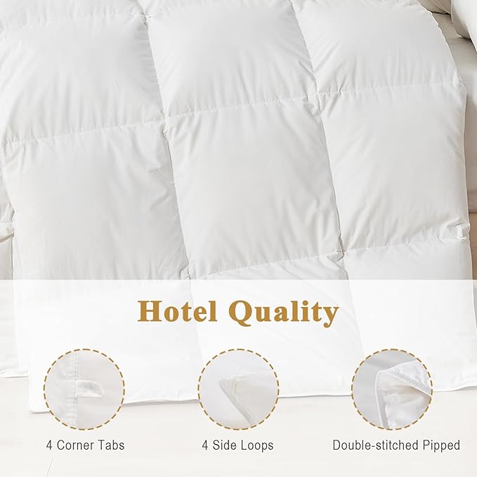 100% Organic Feather Down Comforter Full/Queen Size, Luxury Extra-Fluffy Duvet Insert, All Season Bed Comforter with Ultra-Soft Organic Cotton Case (90x90 Inch, Ivory White)