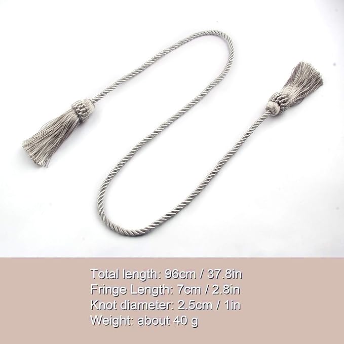 Fenghuangwu Curtain Tiebacks Handmade Decorative Curtain Holdbacks Rope with Tassel (Silver, 2P)
