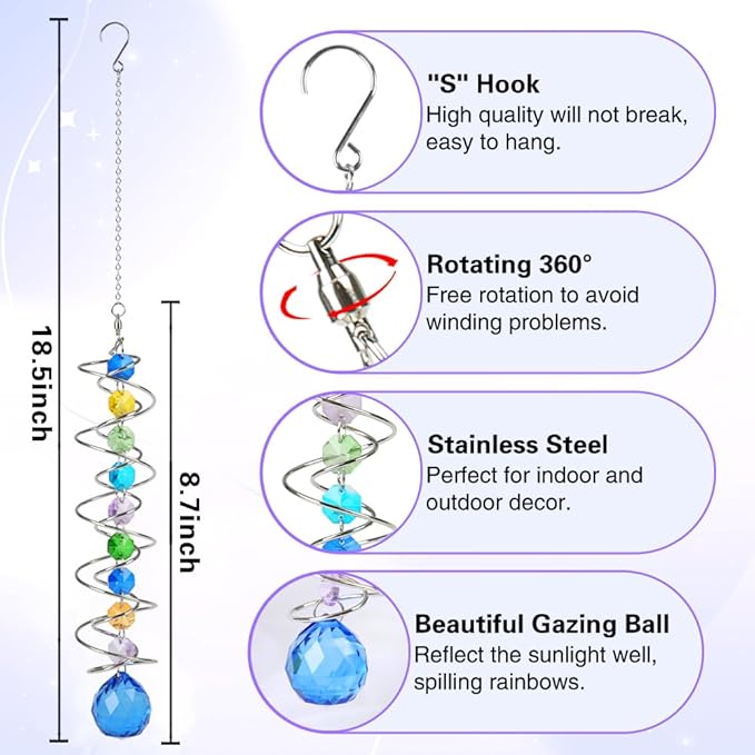 Sun Catchers, 2pcs Gazing Ball Spiral Tail Wind Spinners Crystal Suncatcher Prism Hanging Crystals Rainbow Maker for Windows Indoor Outdoor Garden Car Decorations Christmas Party Gifts for Girls Women