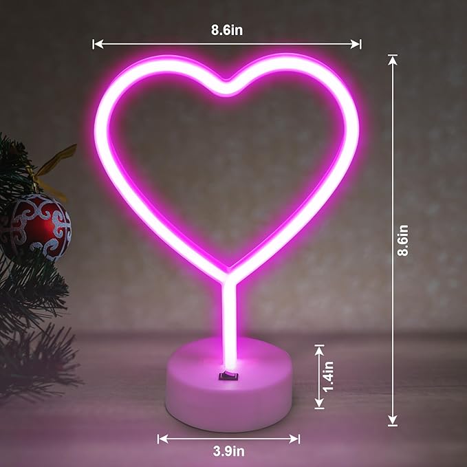 BRIGHTDECK 2 Pack Heart Neon Signs, LED Pink Lights Battery Operated or USB Powered Decoration Lamp, Neon Lights Heart Decor for Valentine's Day Gifts, Wedding, Party, Pink Room Decor