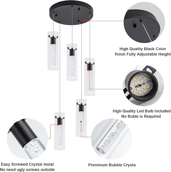 LED Pendant Lighting, Black 5-Light Pendant Light Over Island, Kitchen Island Pendant Lights for Dining Room, Living Room, Corridor, Cafe, Club, Restaurant