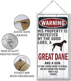 Warning Sign, This Property Is Protected By The Goodlord, A Great Dane And A Gun Warning Wood Plaque Sign, Funny Door Signs, Decorative Wood Hanging Suspension Plaque, Farmhouse Wooden Wall Decor