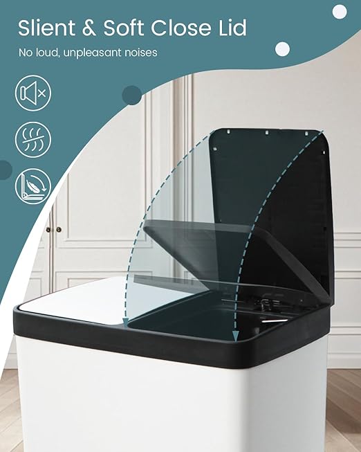 60L Dual Compartment Stainless Steel Trash Can, 16 Gallon White Kitchen Garbage Bin with Silent Sealed Lids, Pedal & Recyclable Waste Bins for Home/Office