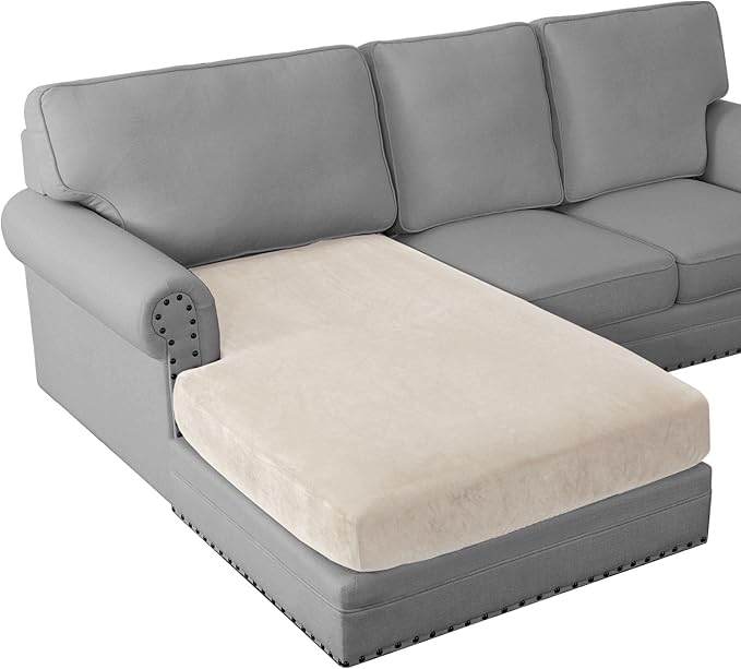 PrinceDeco Sectional Couch Covers Velvet Couch Cover for Dogs Washable L Shaped Couch Cover 1 Piece Individual Sectional Couch Covers with Elastic Bottom(Chaise Lounge,Ivory)