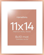 Homeforia 11x14 Picture Frame Rose Gold, High End Metal 11x14 Wall Hanging Frame with Mat 8x10, 11 x 14 Poster Frame Matted to 8 x 10 inch Photo, 11by14 Thin Frames, Tempered Glass, Wall Kit, Set of 1
