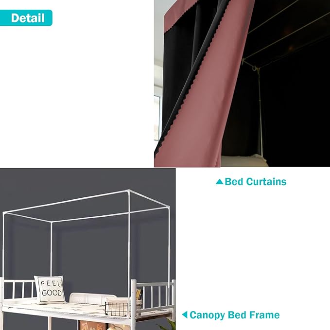 NKM Pink Blackout Bunk Bed Curtains with Canopy Bed Frame,Bunk Bed Tent for Top Bunk,Suitable for Single Bed in Student Dorm