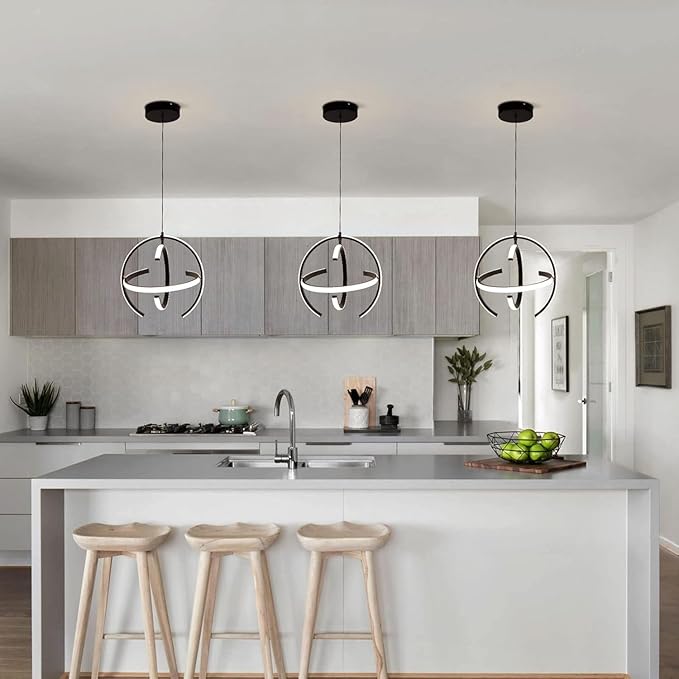 Modern Black LED Chandeliers, Dimmable Globe Pendant Lights Fixture, 13.8" Round Metal Hanging Light for Kitchen lsland, Dining Room Bedroom Foyer Hallway Stairway (3-Pack)