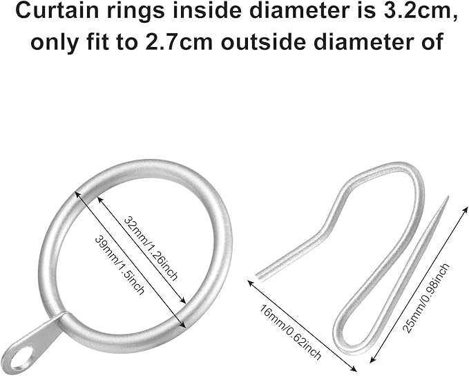 Hotop 30 Pcs Metal Drapery Curtain Rings 0.98/1.26/1.65 inch Interior Diameter and 30 Pcs Hanging Curtain Drapery Pin Hooks for Window Door Shower(32 mm,Matte Silver)