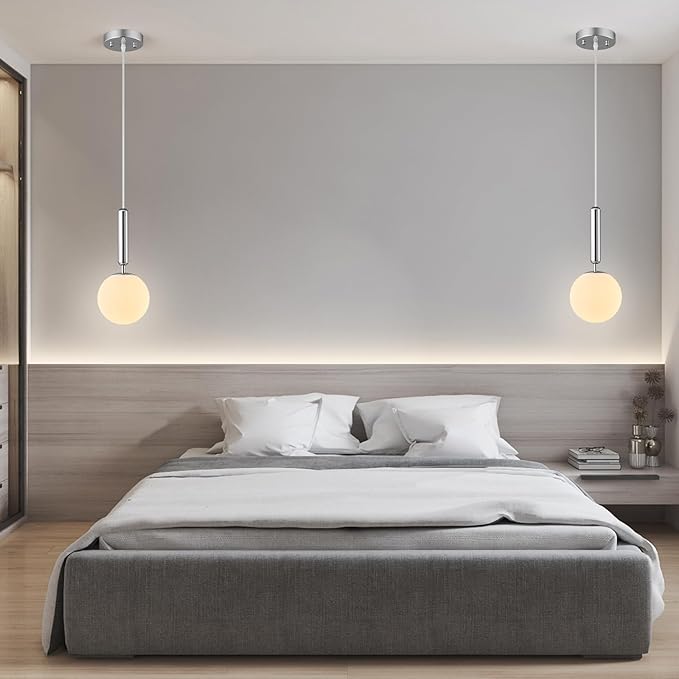 Modern Hanging Light Fixture Pendant Lighting for Kitchen Island Mid Century Chrome Pendant Lights with Globe Milky White Glass Pendant Light for Bedroom Bathroom Entryway (3 Pack)