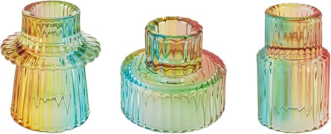 Double Sided Vintage Ribbed Taper Glass Candle Holders,Tea Candle Holder for Table Centerpieces, Wedding Decorations and Dinner Parties (Rainbow, 3 PCS)