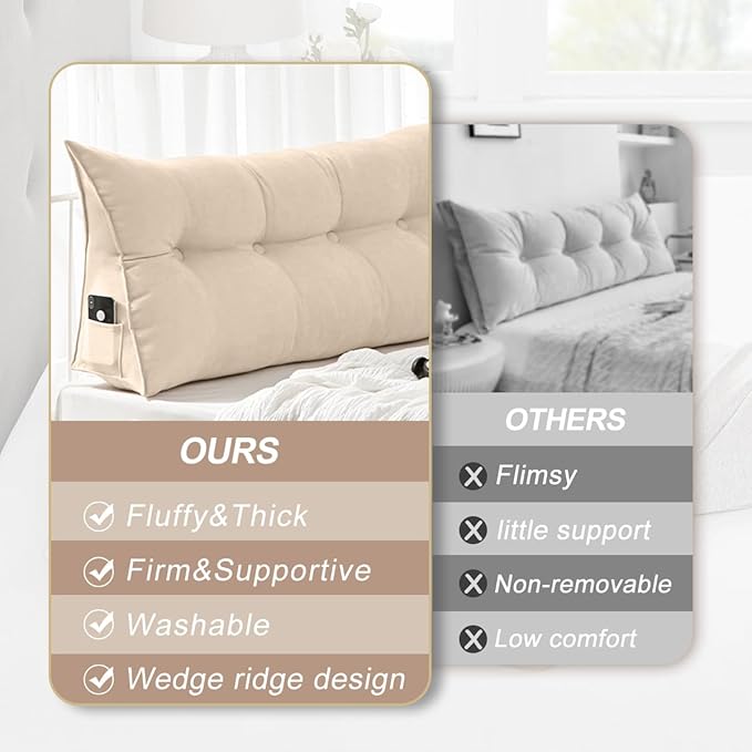 Large Triangular Headboard Pillows Long Backrest Positioning Support Bolster Cushion for Daybed Fluffy Quality Plush Body Wedge Pillow with Removable Cover(Beige-Queen-59x8x20in)
