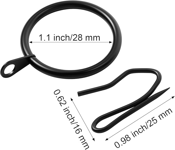 Hotop 30 Pcs Metal Drapery Curtain Rings 0.98/1.26/1.65 inch Interior Diameter and 30 Pcs Hanging Curtain Drapery Pin Hooks for Window Door Shower(25 mm,Black)
