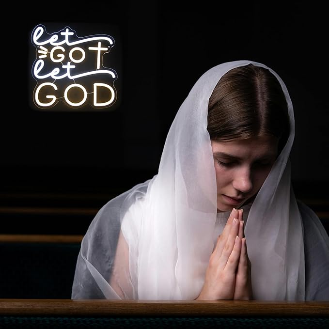 Let Go Let God Neon Sign Warm White Cross Neon Light Dimmable Letters LED Signs for Wall Jesus Neon Lights Signs for Bedroom Church Man Cave Bar Decor Christian Hymn USB Powered
