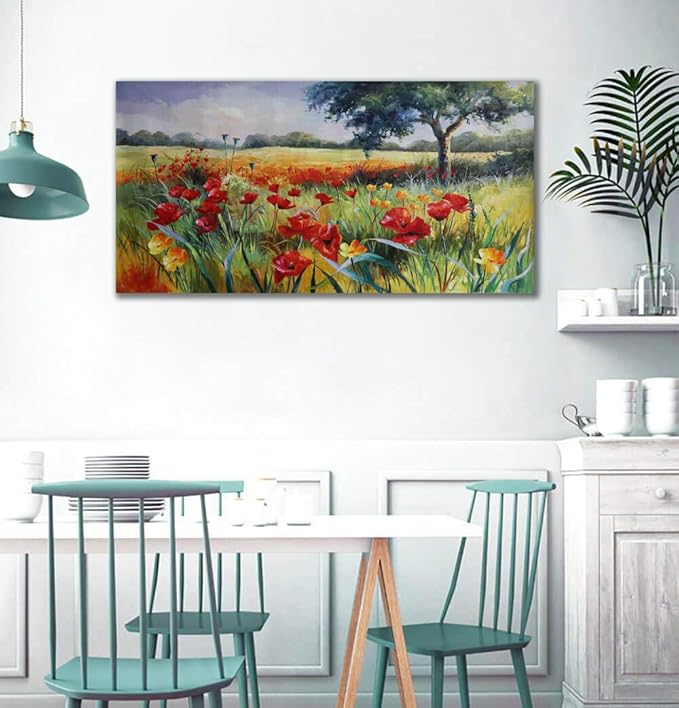 Wall Decor for Living Room Large Wall Art Green Trees Red Yellow Flowers Canvas Art Wall Decor for Bedroom Modern Home Decor Framed, Nature Prints Artwork Wall Decorations 24x48