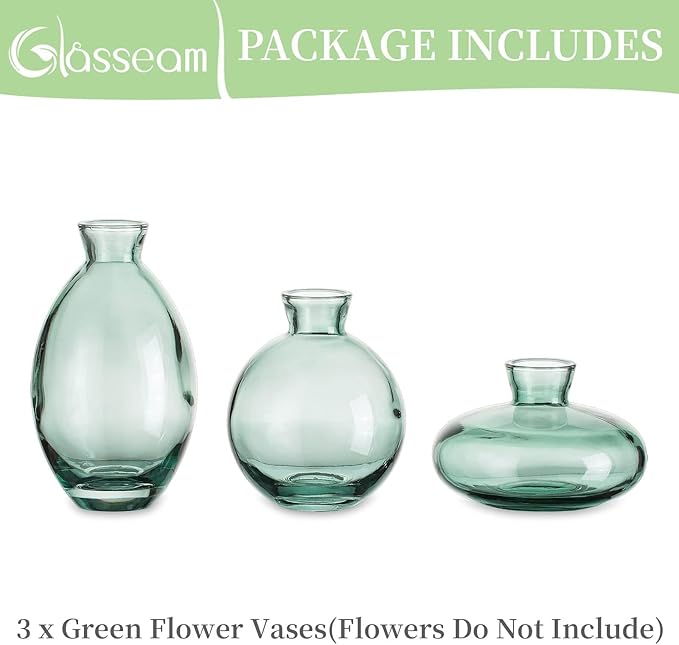 Bud Vases 3Pcs/Set Small Vases Handmade Cute Green Small Vases for Flowers Centerpieces Glass Vases Mini Vase Home Decor Centerpieces, Events Table Decor