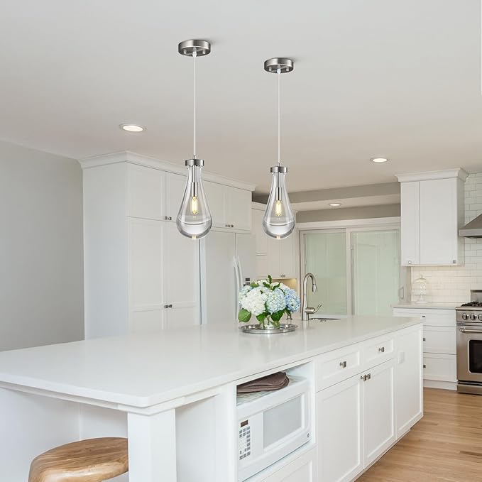 Raindrop Pendant Lights Kitchen Island Teardrop Nickel Hanging Light Fixtures Clear Solid Glass Pendant Light Modern Chandeliers for Dining Room Porch Corridor Living Room(1-Pack)