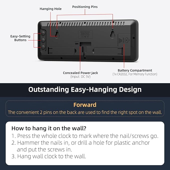 LED Digital Wall Clock with Large Display, Big Digits, Auto-Dimming, 12/24Hr Format, Modern Electric Small Silent Wall Clock for Living Room, Bedroom, Classroom, Farmhouse, Kitchen, Office - White