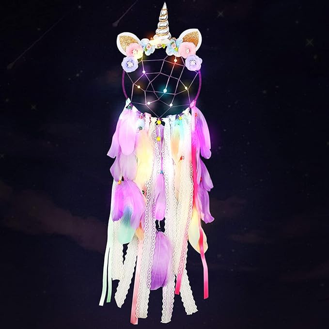 LED Lighted Up Unicorn Dream Catcher Wall Decor Colorful Feather Dreamcather Wall Hanging for Girls Kids Bedroom Decoration (Purple with Light)