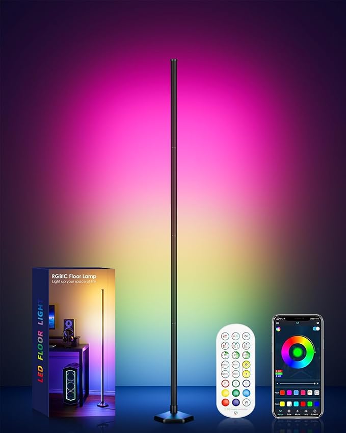 RGB Corner Floor Lamp, 65" Color Changing LED Floor Lamp Music Sync Light Bar Bluetooth APP Remote Control 16 Million DIY Colors, Light Timing, Mood Ambient Lighting