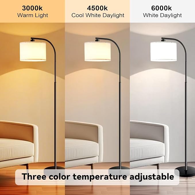 Floor Lamp for Living Room,Tall Standing Lamps Dimmable,Modern Floor Light with LED Bulb,3 Color Temperatures,Fabric Shades,Black Floor Lamps for Bedroom Dining Room Office Corner