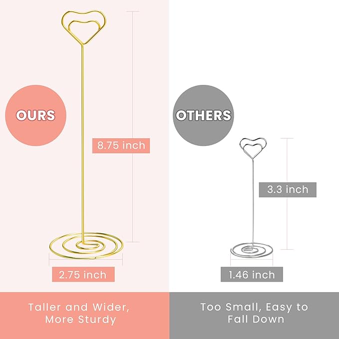 16pcs Place Card Holders, 8.75 Inches Tall Table Number Holders, Gold Picture Holder for Tables with Heart Shaped Clip for Wedding, Photos, Food Signs, Memo Notes, Restaurant, Birthday