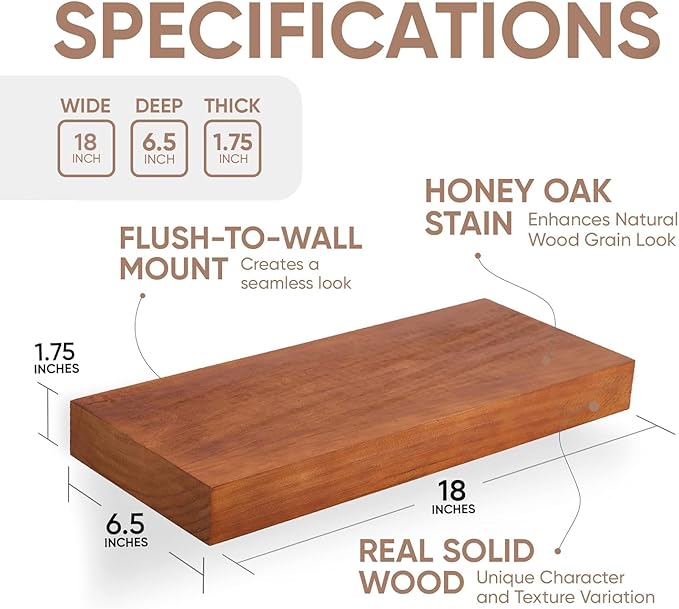 Homeforia 18 inch Floating Shelf Oak, High End Solid Real Wood 18inch Long Floating Shelves for Wall Mounted, Honey Oak Wooden 18in Floating Shelves, Heavy Duty Bracket, 18 X 6.5 X 1.75 inch, Set of 4