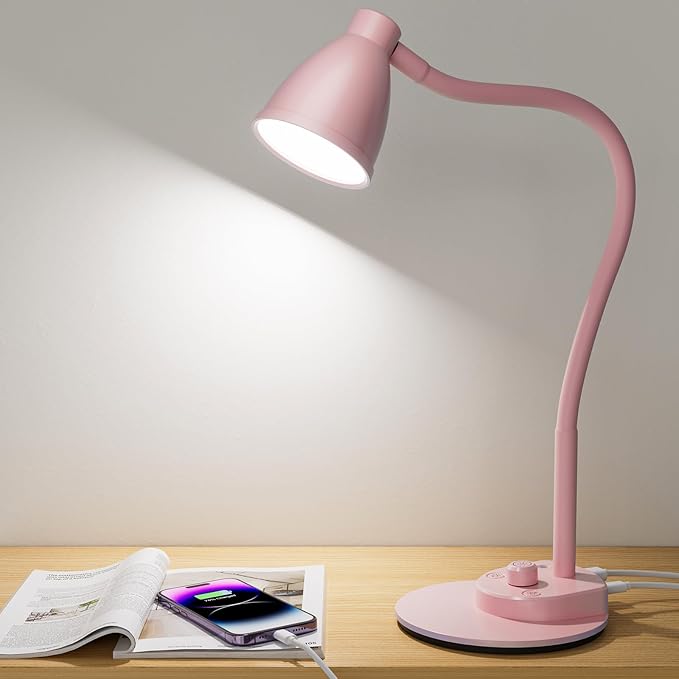BOHON Cute Desk Lamp with USB Charging Port, Pink Lamp 3 Color Modes Dimmable LED Reading Lamp, Flexible Gooseneck Auto Dimming Table Task Light for Home Office Dorm Bedside, Pink