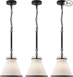 3-Pack Black Pendant Lights Kitchen Island Ceiling Pendant Light with Linen Lampshade 10in Transition Pendant Hanging Light with Chain for Kitchen Sink Entryway Hallway Dining Room