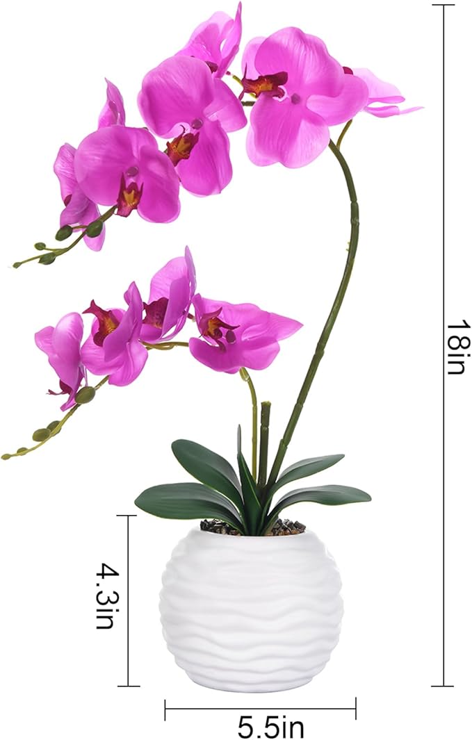 Artificial Potted Orchid Faux Phalaenopsis Silk Flowers Bonsai Realistic Arrangement in Ceramic Vase for Home Decoration Table Centerpiece, Fuchsia