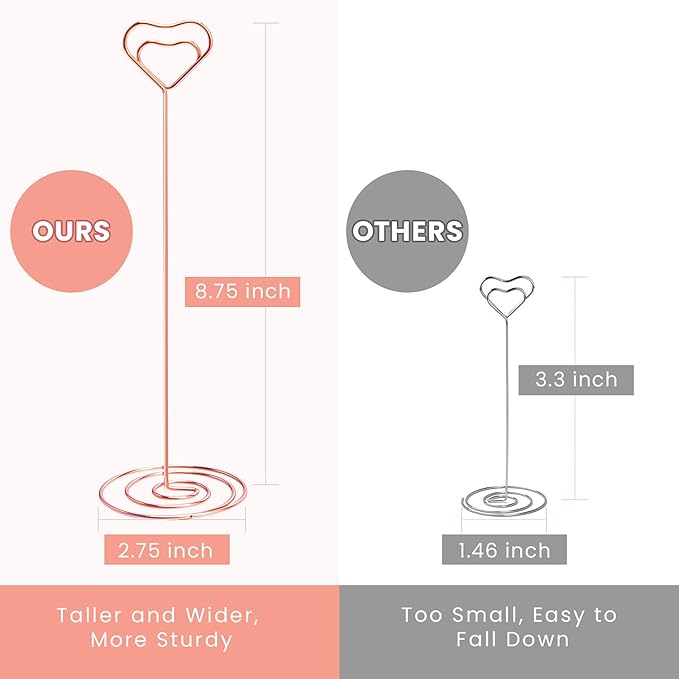 16pcs Place Card Holders, 8.75 Inches Tall Table Number Holders, Rose Gold Picture Holder for Tables with Heart Shaped Clip for Wedding, Photos, Food Signs, Memo Notes, Restaurant, Birthday