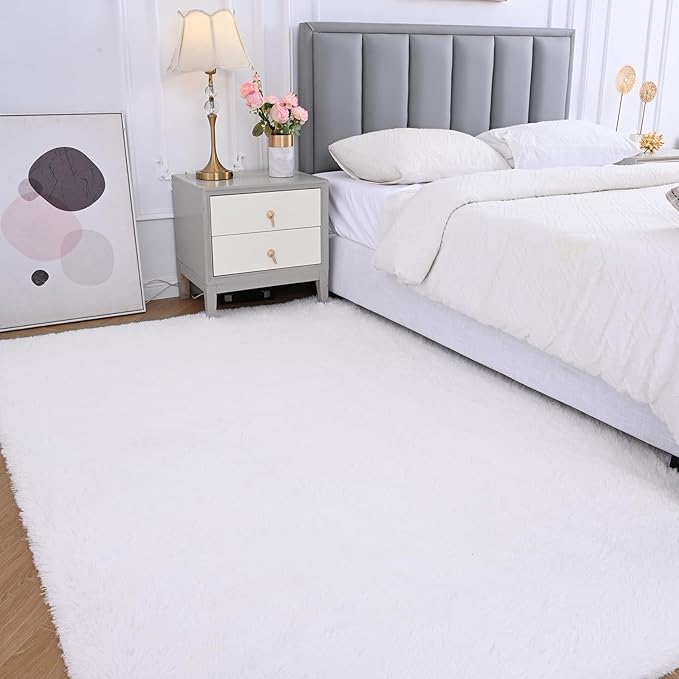 White Shag Area Rugs for Bedroom：White Plush Area Rug 4x6 - Indoor Modern Shaggy Soft Carpet for Living Room Bedroom Kids Room Nursery (White, 4x6 Feet)