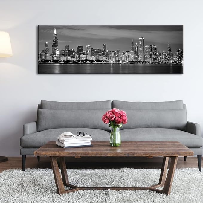 Wieco Art Chicago City Center Skyline in Black and White Canvas Prints Modern Canvas Art Cityscape Wall Decorations for Living Room Pictures for Bedroom Decorations