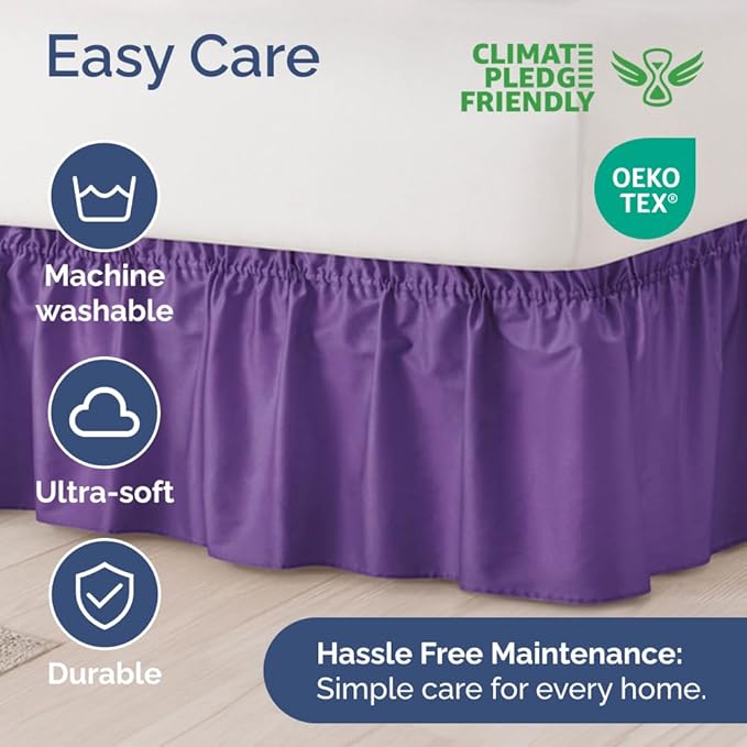 Wrap Around Dust Ruffle Bed Skirt - Purple - for Full Size Beds with 21 Inch Drop - Easy Fit Elastic Strap - Adjustable Pleated Bedskirt w/Brushed Fabric - Wrinkle Free - for Women, Men, Kids & Teens