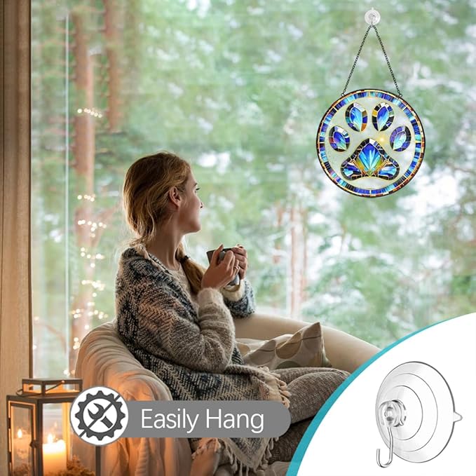 Paw Print Suncatcher Stained Glass Window Hanging - 8” Paw Print Stained Glass Suncatchers for Windows - Sun Catchers Indoor Window Catcher with Hooks and Chain - Dog Memorial Gifts for Mom Grandma