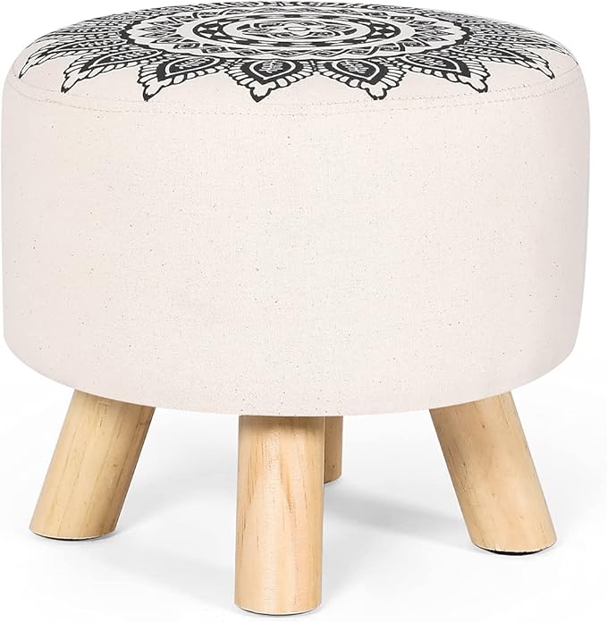 Asense Small Round Ottoman Foot Rest Stool Linen Padded Seat Footstool Ottoman with Anti-Slip Wooden Legs (White+Black,Linen)