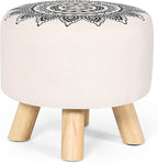 Asense Small Round Ottoman Foot Rest Stool Linen Padded Seat Footstool Ottoman with Anti-Slip Wooden Legs (White+Black,Linen)