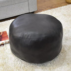 PF12 Goat Leather Handmade Eco-Friendly Black Pouf - Round Shape, 21" x 21" x 12", Plain Solid, Recycled Cotton Filled