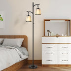 9MMML Farmhouse Floor Lamp for Living Room, 67'' Tall Floor Lamp with 2 Hanging Smooth Faux Leather Lamp Shade, Vintage Black Dimmable Standing Lamp for Bedroom, 2 x 800LM LED Bulbs Included